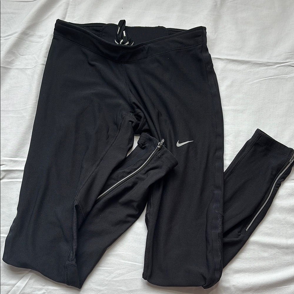 Nike Black Leggings Tights Women’s Small with Zipper Detail Ankles and Tie Wast